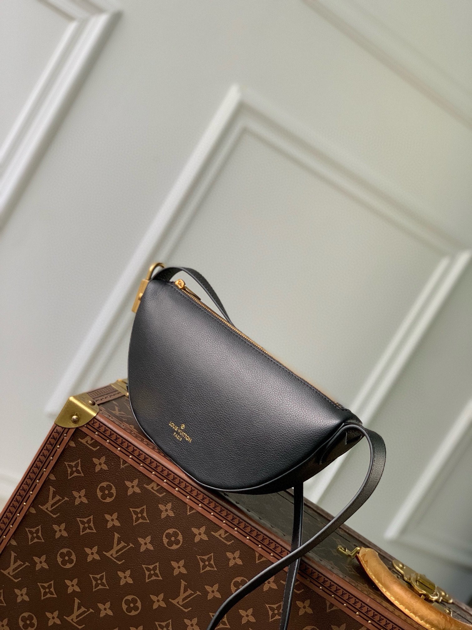 Louis Vuitton Black Leather Crescent Crossbody Belt Bag with Gold Zipper