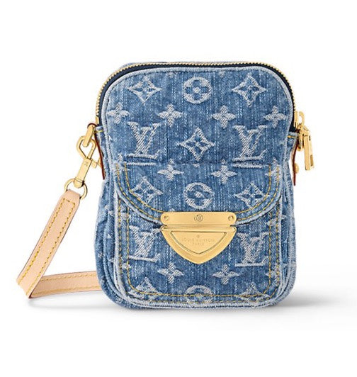 Louis Vuitton Vintage Monogram Blue Denim Crossbody Shoulder Bag with Gold Clasp