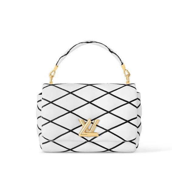 Louis Vuitton White Quilted Leather Shoulder Bag with Black Diamond Lattice Pattern
