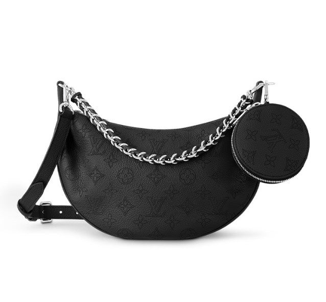 Louis Vuitton Black Embossed Crescent Shoulder Bag with Silver Chain and Coin Purse