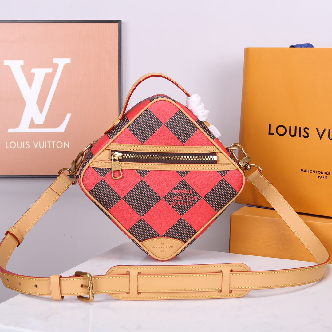 Louis Vuitton Red and Brown Checkerboard Diamond Shaped Crossbody Bag with Leather Trim