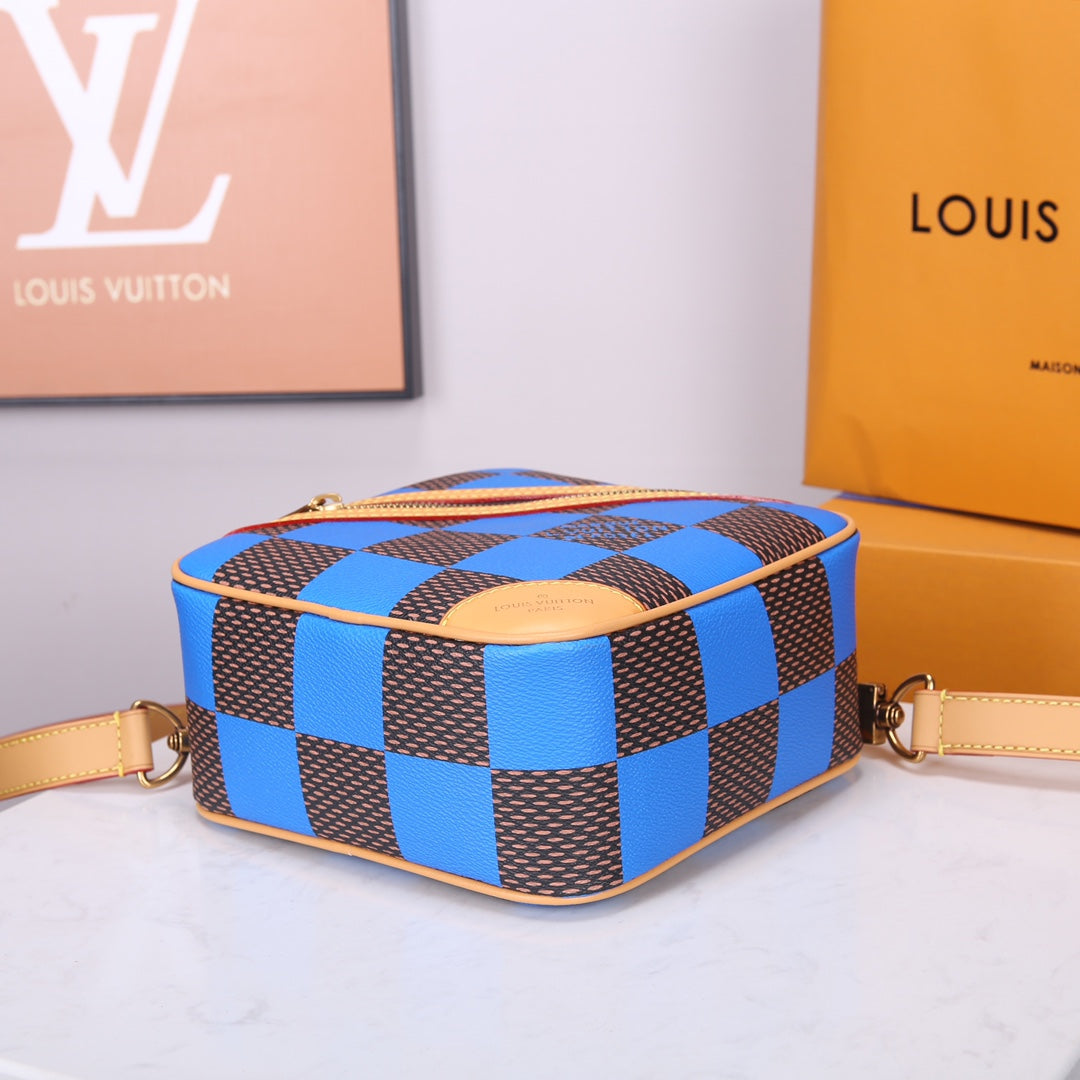 Louis Vuitton Blue and Brown Checkered Diamond Shaped Leather Crossbody Bag