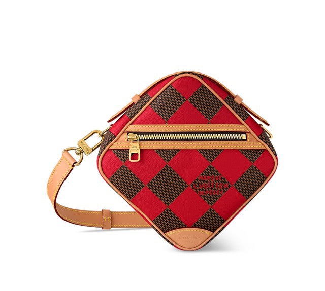 Louis Vuitton Red and Brown Checkerboard Diamond Shaped Crossbody Bag with Leather Trim