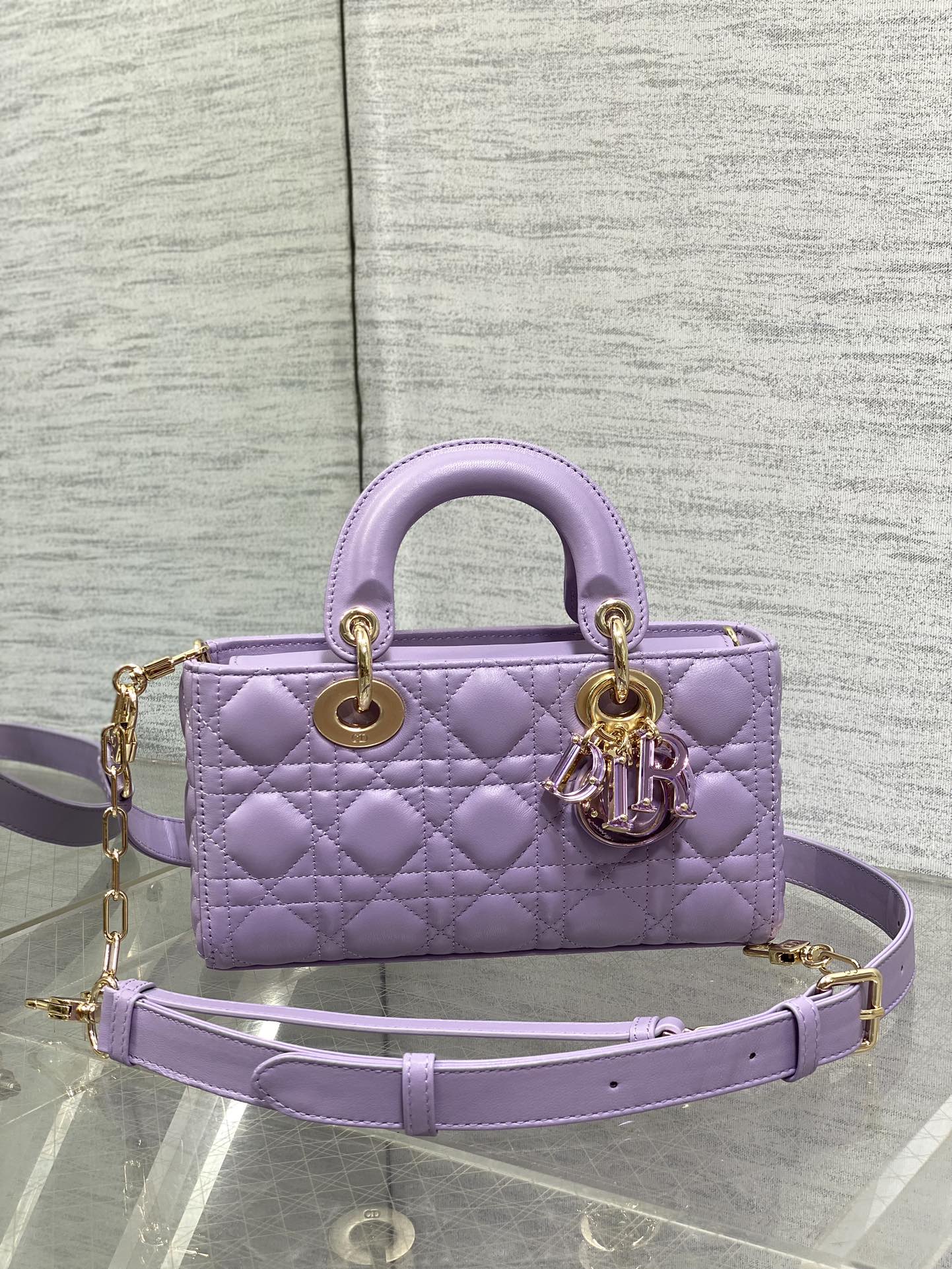 Dior Lavender Quilted Leather Handbag with Detachable Shoulder Strap