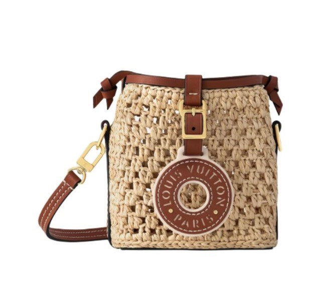 Louis Vuitton Woven Straw Crossbody Bucket Bag with Brown Leather Details