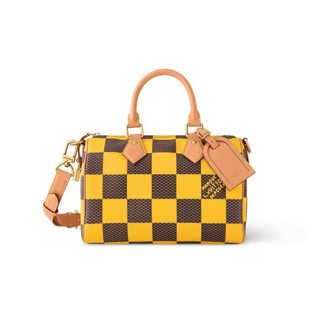 Louis Vuitton Yellow and Brown Checkered Boston Handbag with Shoulder Strap