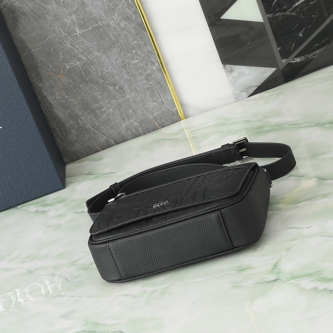 Dior Black Embossed Monogram Leather Crossbody Messenger Bag