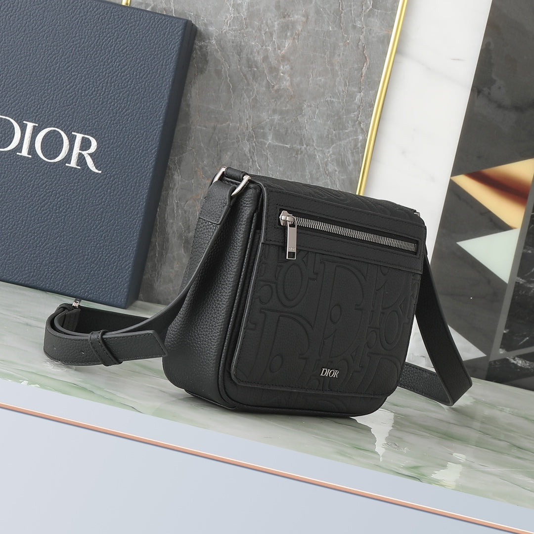 Dior Black Embossed Monogram Leather Crossbody Messenger Bag