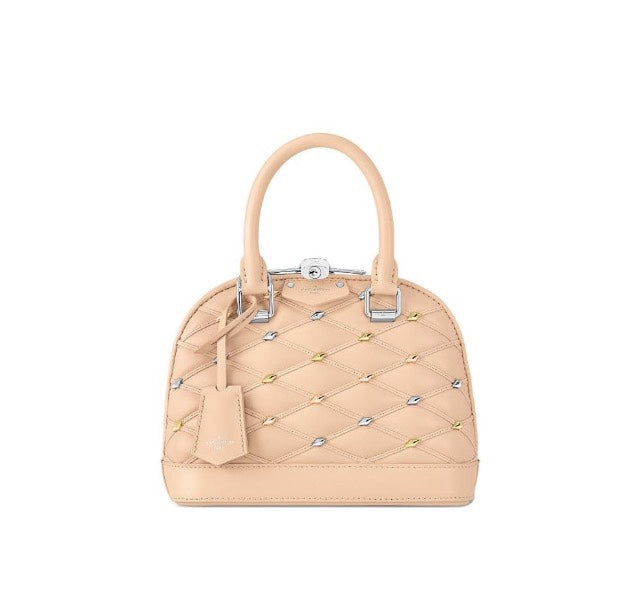 Louis Vuitton Elegant Beige Quilted Leather Dome Handbag with Studs
