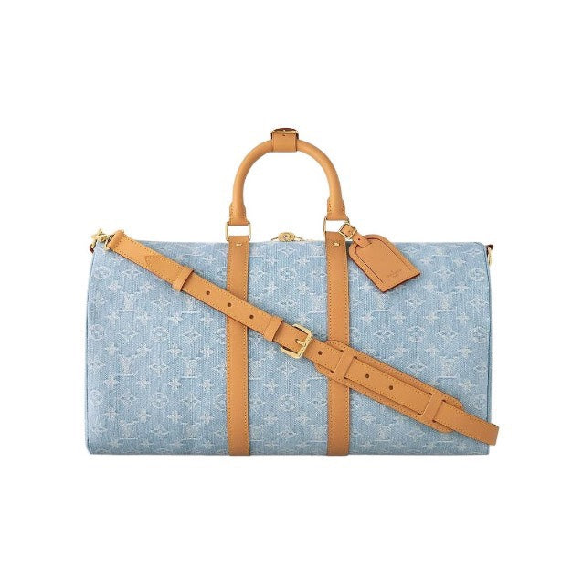 Louis Vuitton Light Blue Monogram Travel Duffle Bag with Tan Leather Trim