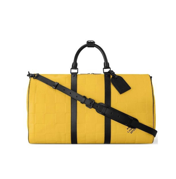 Louis Vuitton Yellow Checkered Weekender Duffle Bag with Black Leather Straps