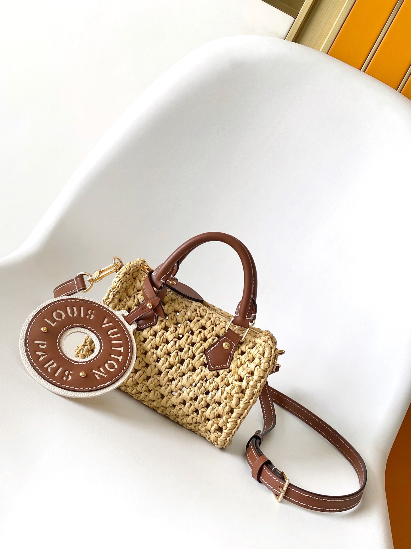 Louis Vuitton Summer Woven Straw Mini Barrel Crossbody Bag with Leather Trim