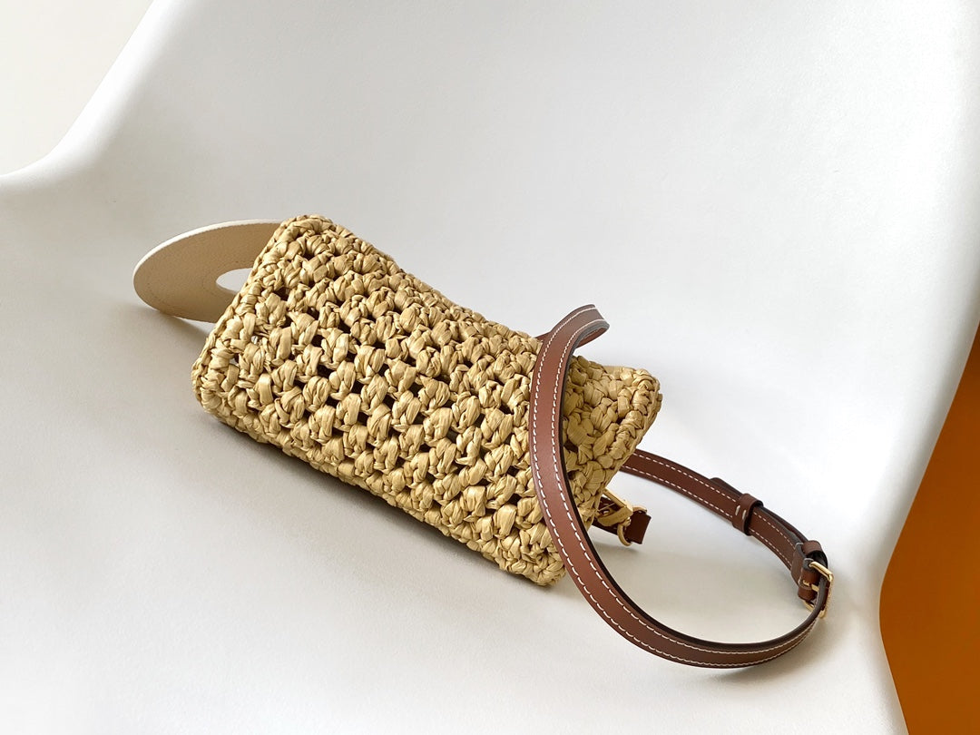 Louis Vuitton Summer Woven Straw Mini Barrel Crossbody Bag with Leather Trim