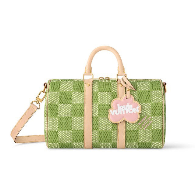 Louis Vuitton Green Checkered Canvas Duffle Handbag with Leather Handles