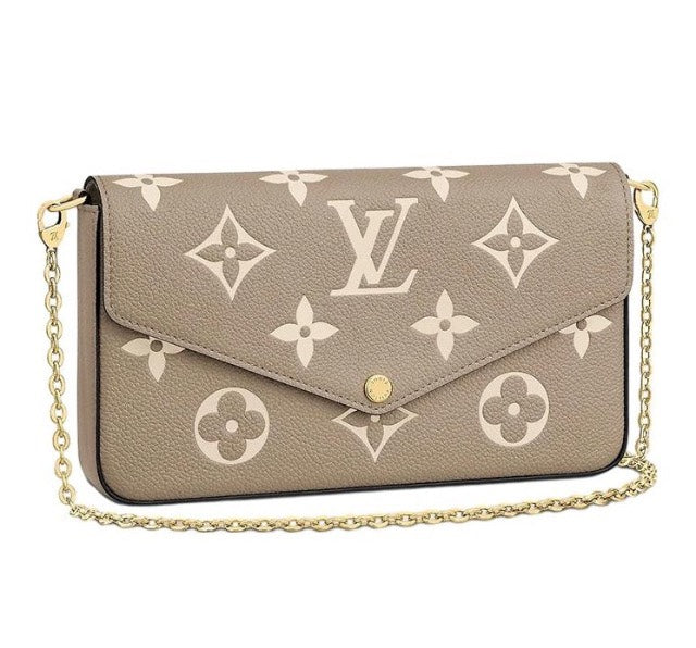 Louis Vuitton Taupe Monogram Leather Envelope Clutch Purse with Gold Chain