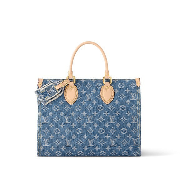Louis Vuitton Classic Blue Denim Monogram Pattern Tote Handbag with Leather Handles