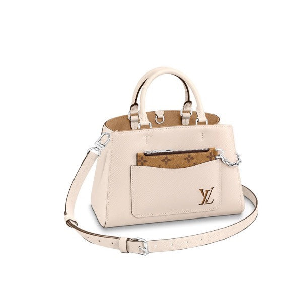 Louis Vuitton Elegant Cream Leather Handbag with Front Pocket and Chain Detail