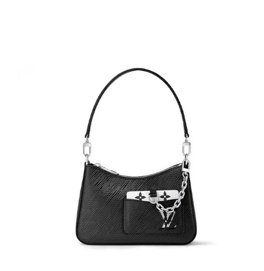 Louis Vuitton Classic Black Textured Leather Baguette Shoulder Bag with Silver Chain
