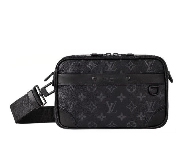 Louis Vuitton Black Monogram Pattern Crossbody Messenger Bag with Wide Strap