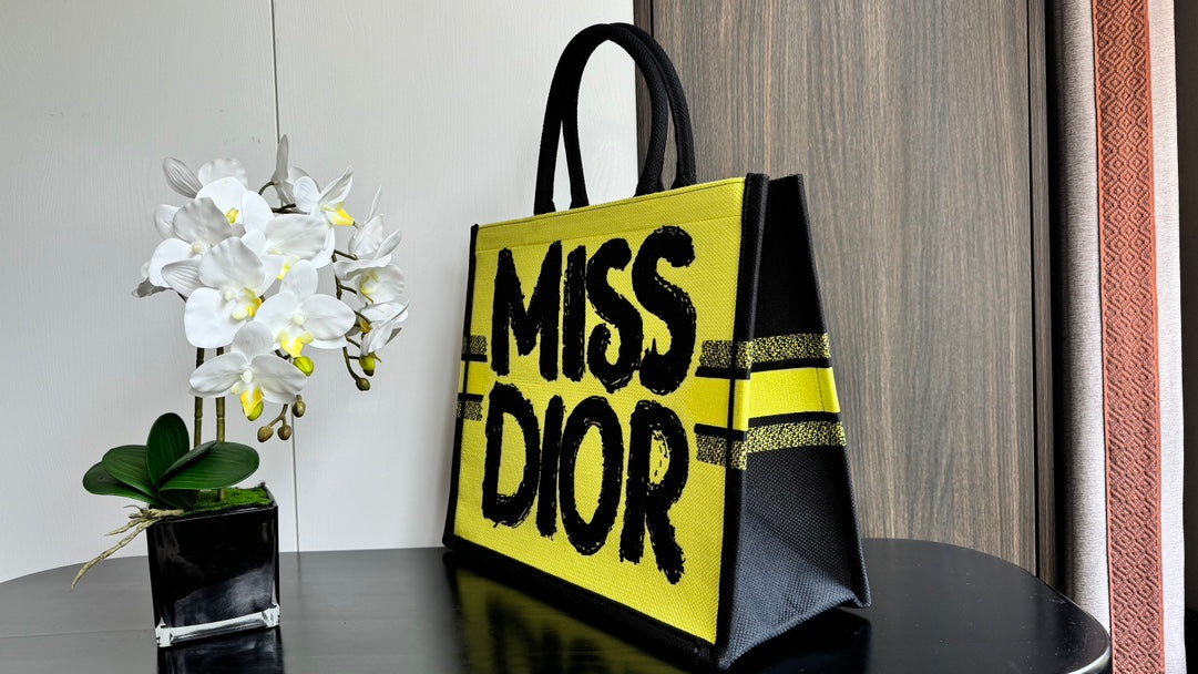 Dior Bright Yellow Graffiti Graphic Print Canvas Tote Bag with Top Handles