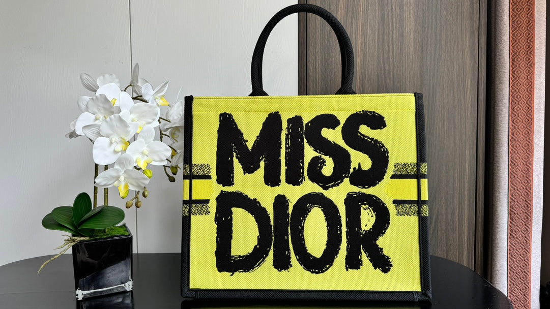 Dior Yellow and Black Graffiti Text Print Canvas Tote Bag with Top Handles
