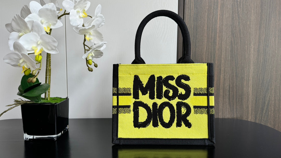 Christian Dior Miss Dior Mini Book Tote - Yellow and Black Embroidered Canvas