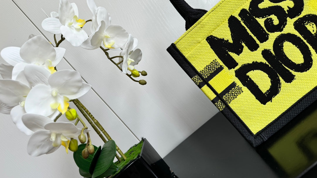 Christian Dior Miss Dior Graffiti Book Tote - Small Yellow & Black Canvas Handbag