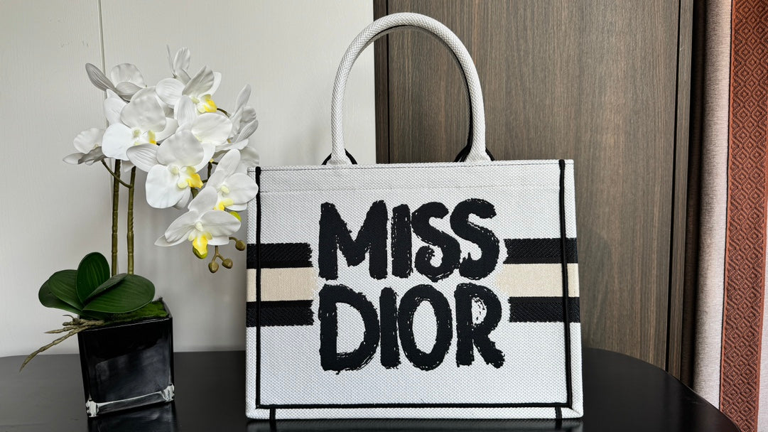 Christian Dior Medium Miss Dior Book Tote - White and Black Graffiti Canvas
