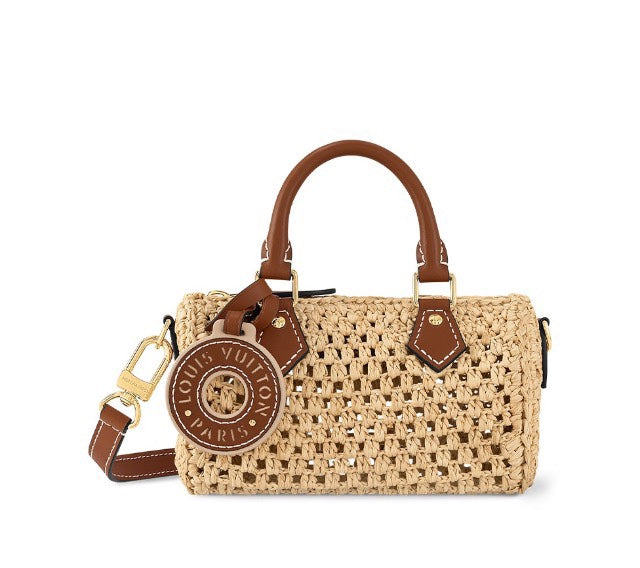 Louis Vuitton Summer Woven Straw Mini Barrel Crossbody Bag with Leather Trim