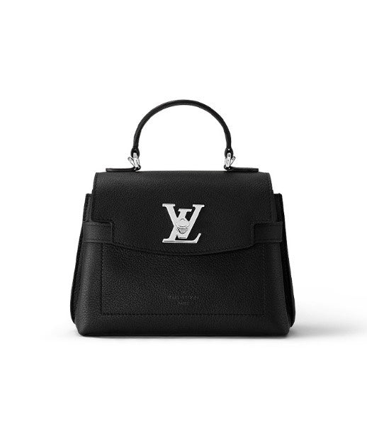 Louis Vuitton Elegant Black Leather Top Handle Handbag with Silver Metal Clasp