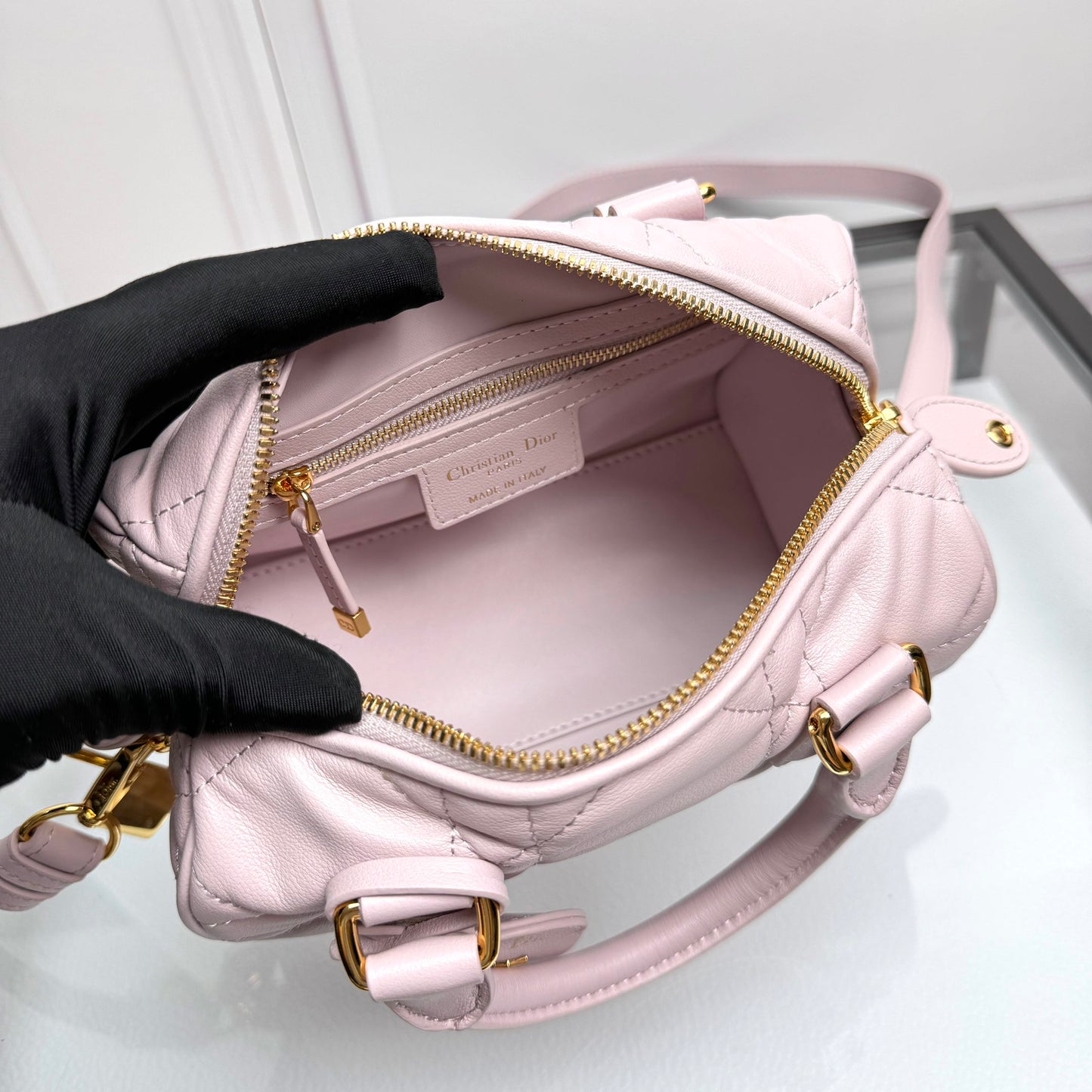 Dior Light Pink Quilted Leather Top Handle Crossbody Handbag