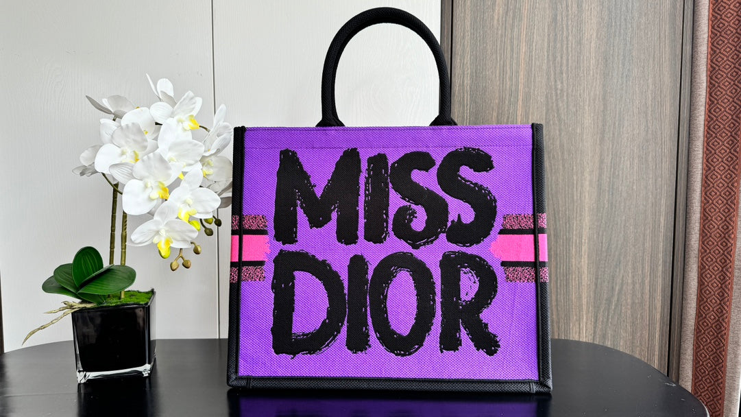 Christian Dior Large Miss Dior Book Tote Bag in Pink Canvas with Black Graffiti Text