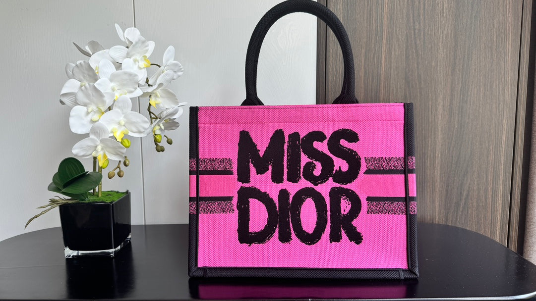 Dior Neon Pink Structured Canvas Tote Bag with Black Graffiti Print