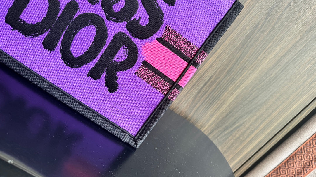 Dior Hot Pink and Black Canvas Tote Handbag with Graffiti Lettering