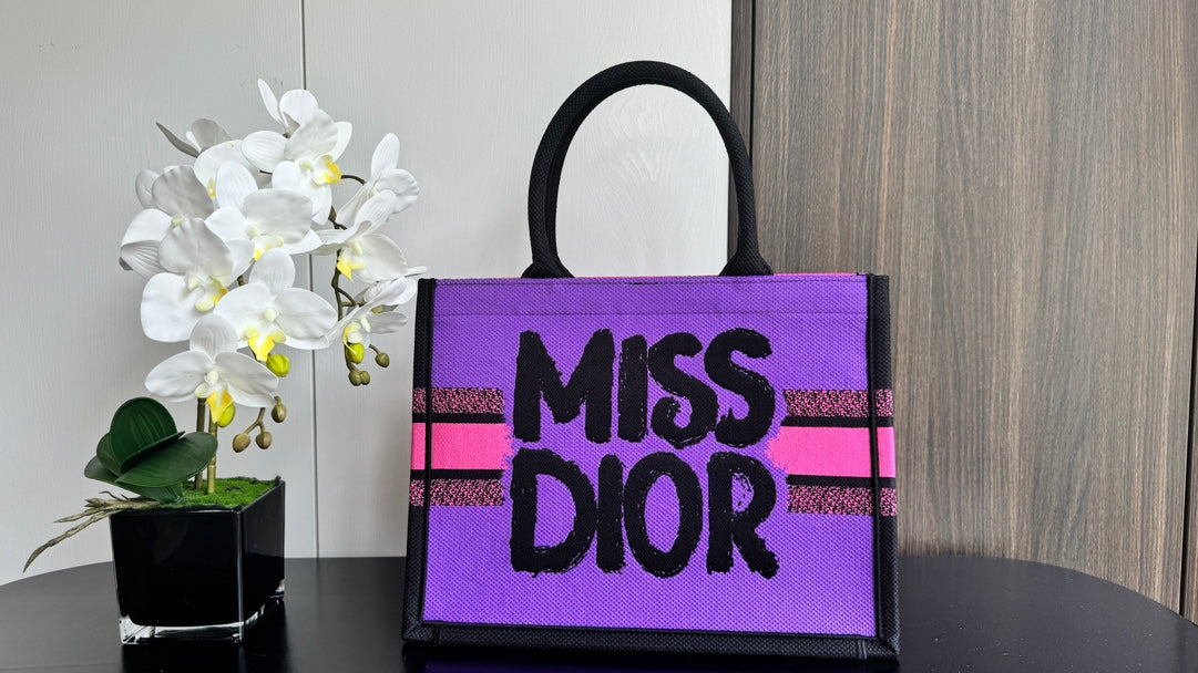 Miss Dior Pink Canvas Tote Bag with Black Graffiti Logo and Handles