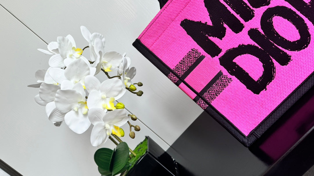 Dior Neon Pink Structured Canvas Tote Bag with Black Graffiti Print