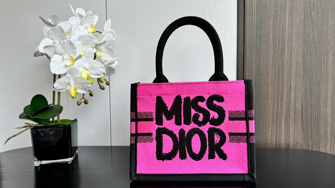 Dior Vibrant Pink Canvas Tote Bag with Black Graphic Print and Top Handles