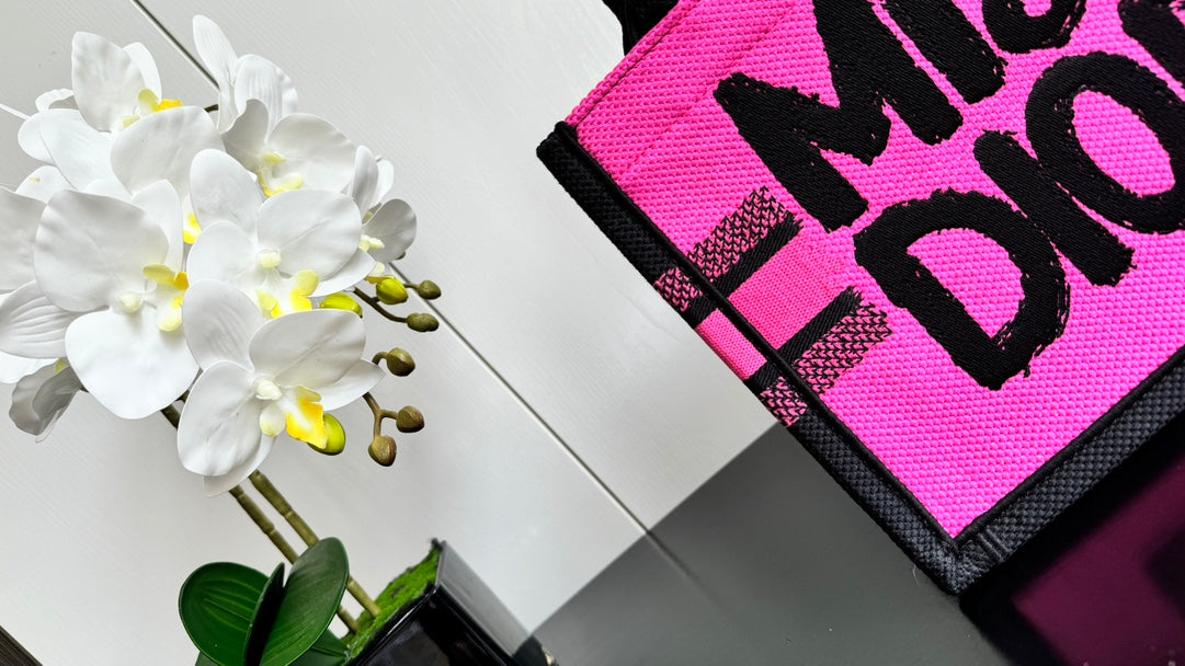 Dior Vibrant Pink Canvas Tote Bag with Black Graphic Print and Top Handles