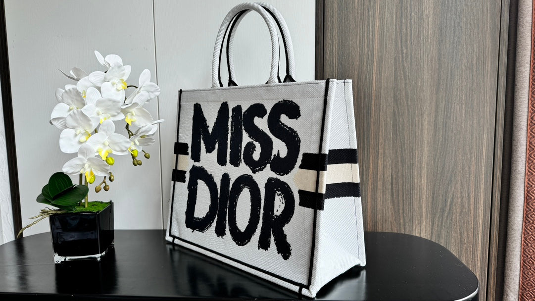 Dior Large White Canvas Tote Bag with Bold Black Lettering Print