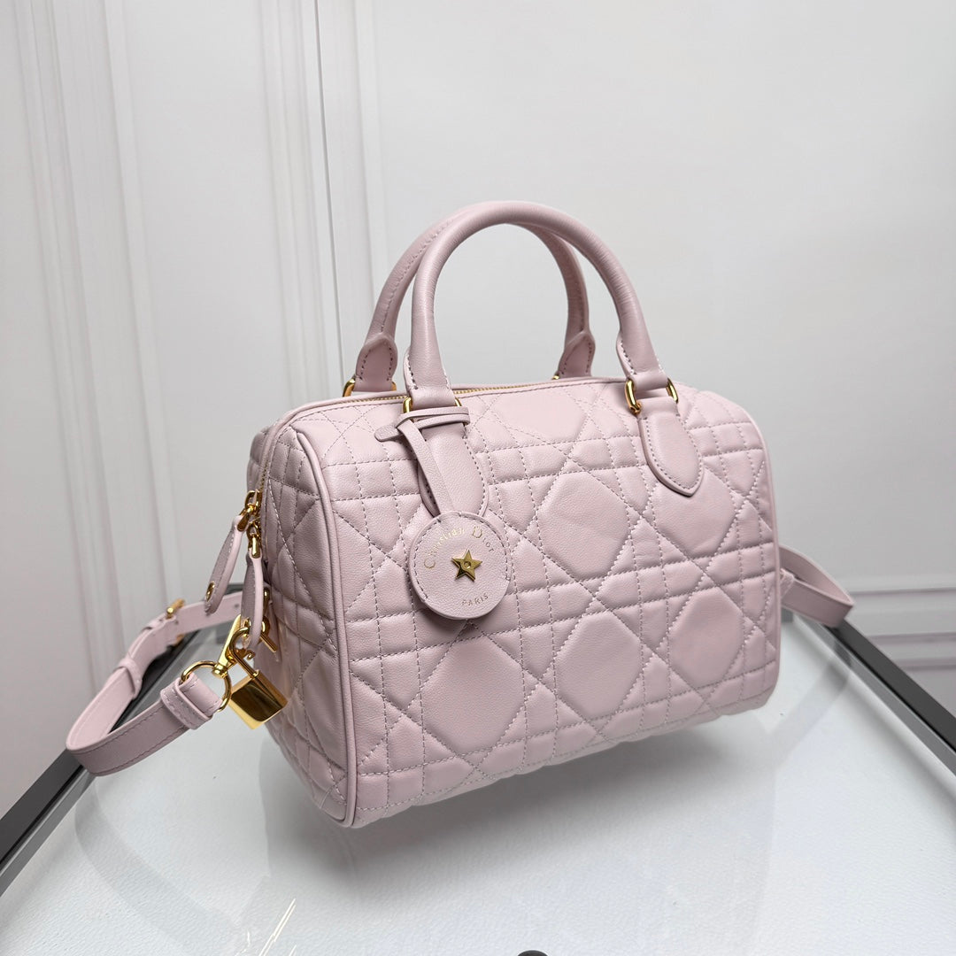 Pink Quilted Leather Boston Bag with Star Charm and Shoulder Strap