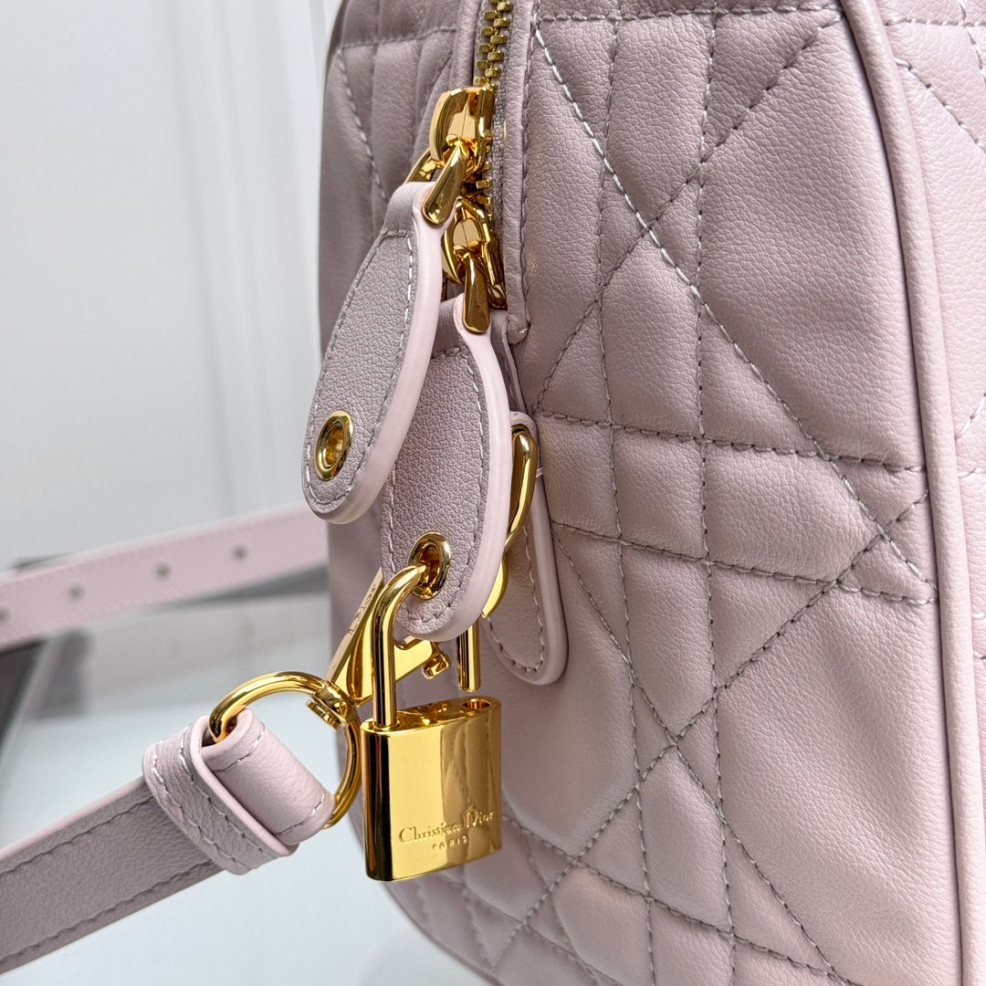 Pink Quilted Leather Boston Bag with Star Charm and Shoulder Strap