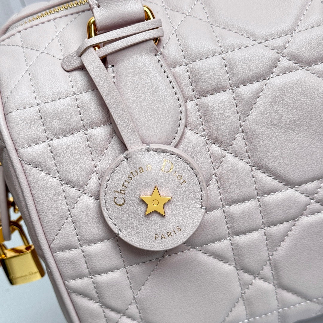 Pink Quilted Leather Boston Bag with Star Charm and Shoulder Strap