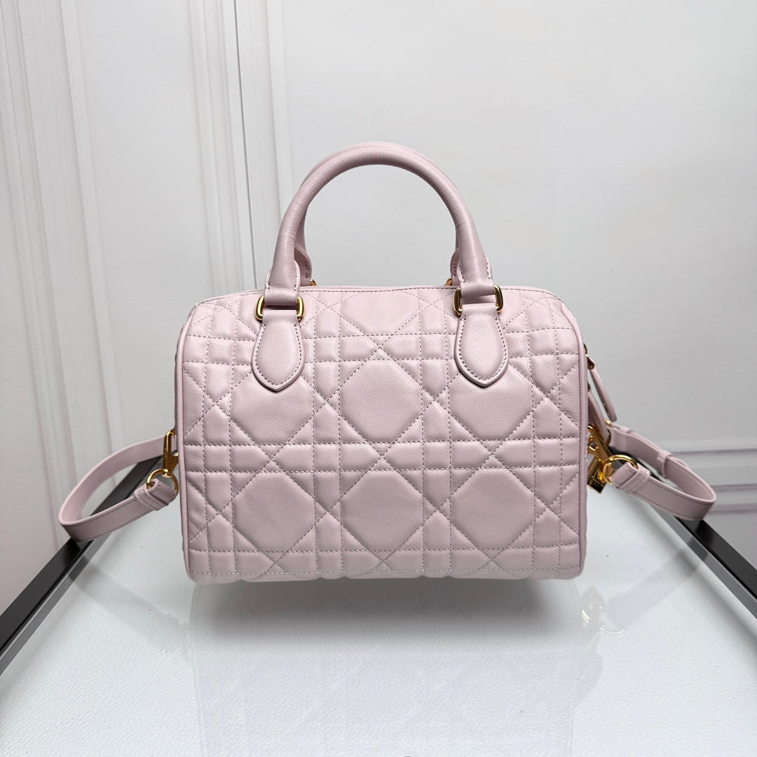 Pink Quilted Leather Boston Bag with Star Charm and Shoulder Strap