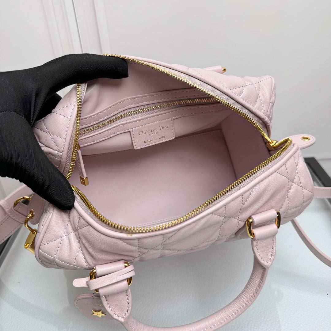 Pink Quilted Leather Boston Bag with Star Charm and Shoulder Strap