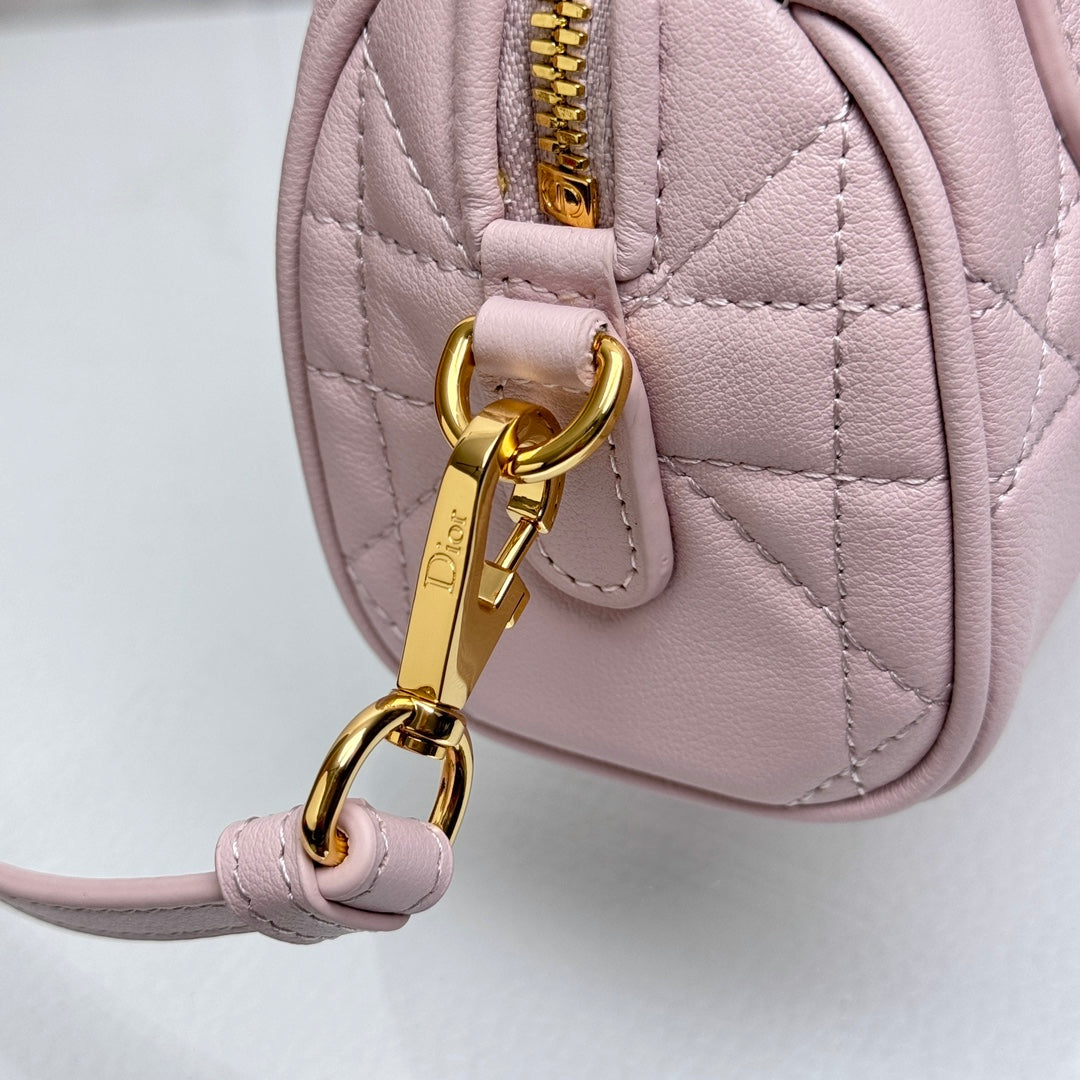 Mini Cannage Quilted Leather Bowling Bag with Top Handles - Soft Pink