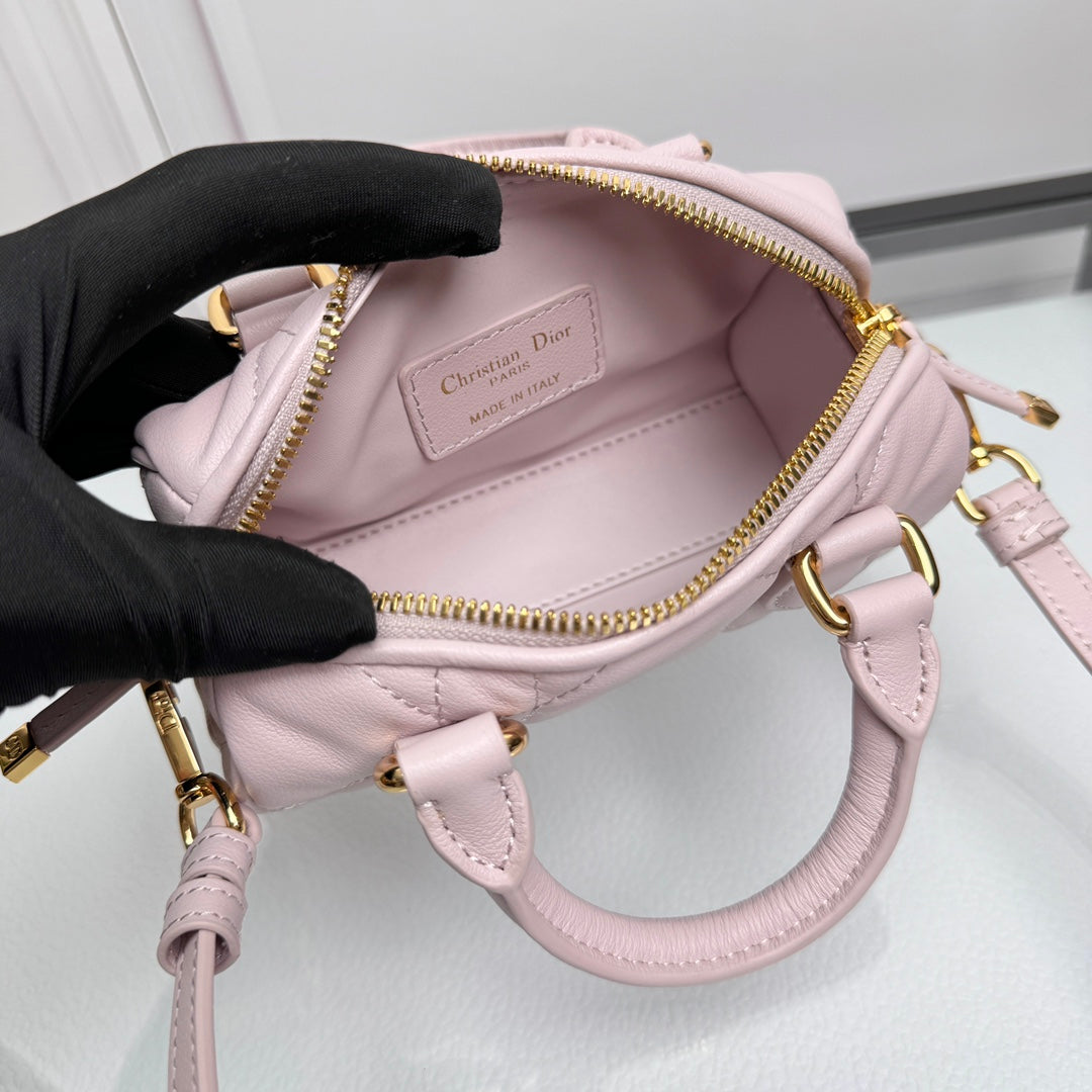 Mini Cannage Quilted Leather Bowling Bag with Top Handles - Soft Pink