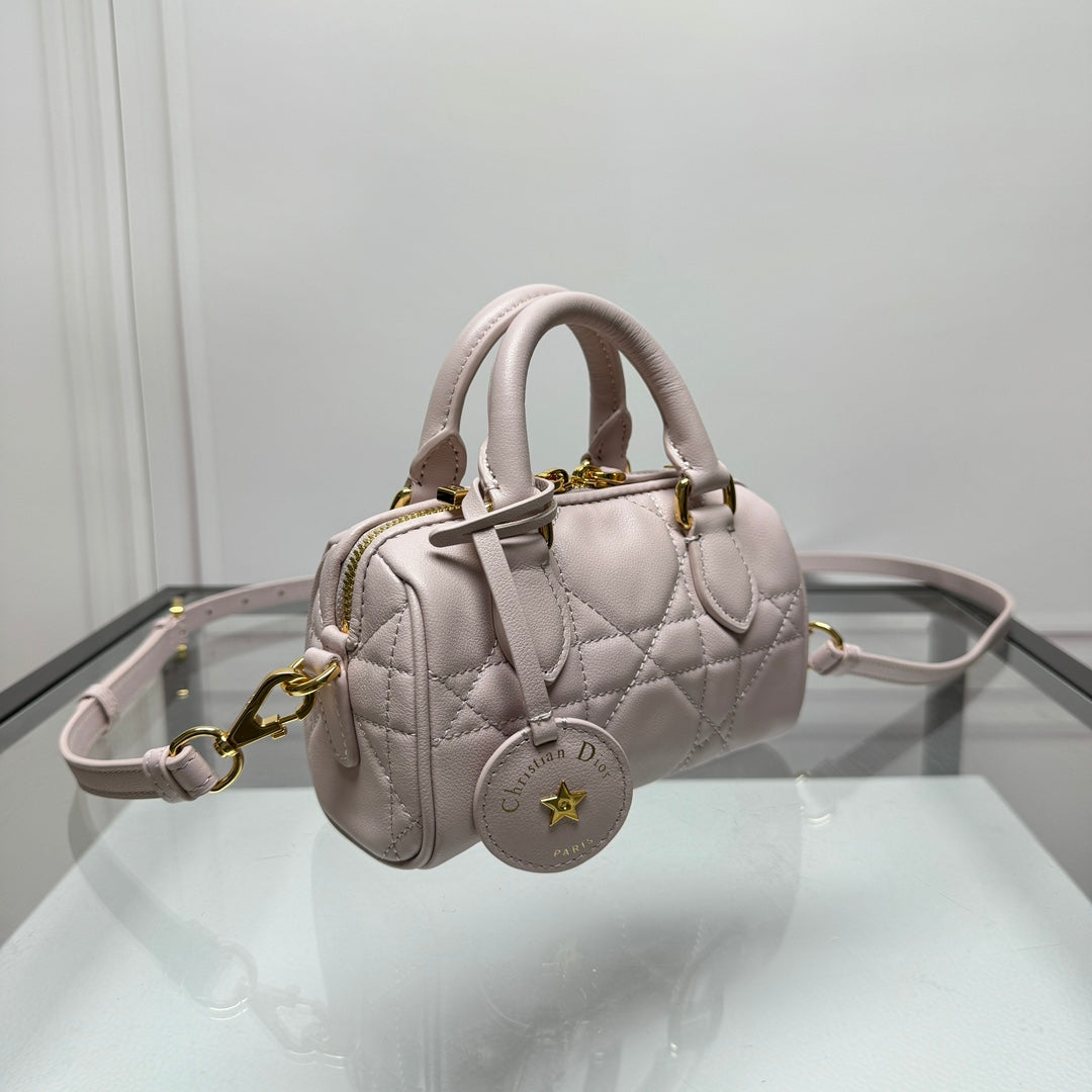 Luxury Mini Quilted Leather Top Handle Bag - Light Pink Crossbody with Gold Hardware