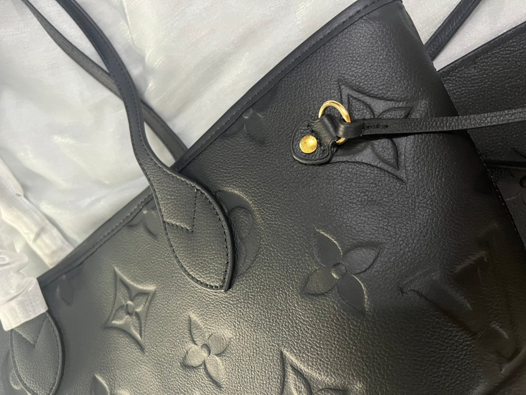 Louis Vuitton Black Embossed Leather Tote Bag with Matching Wristlet Pouch Set