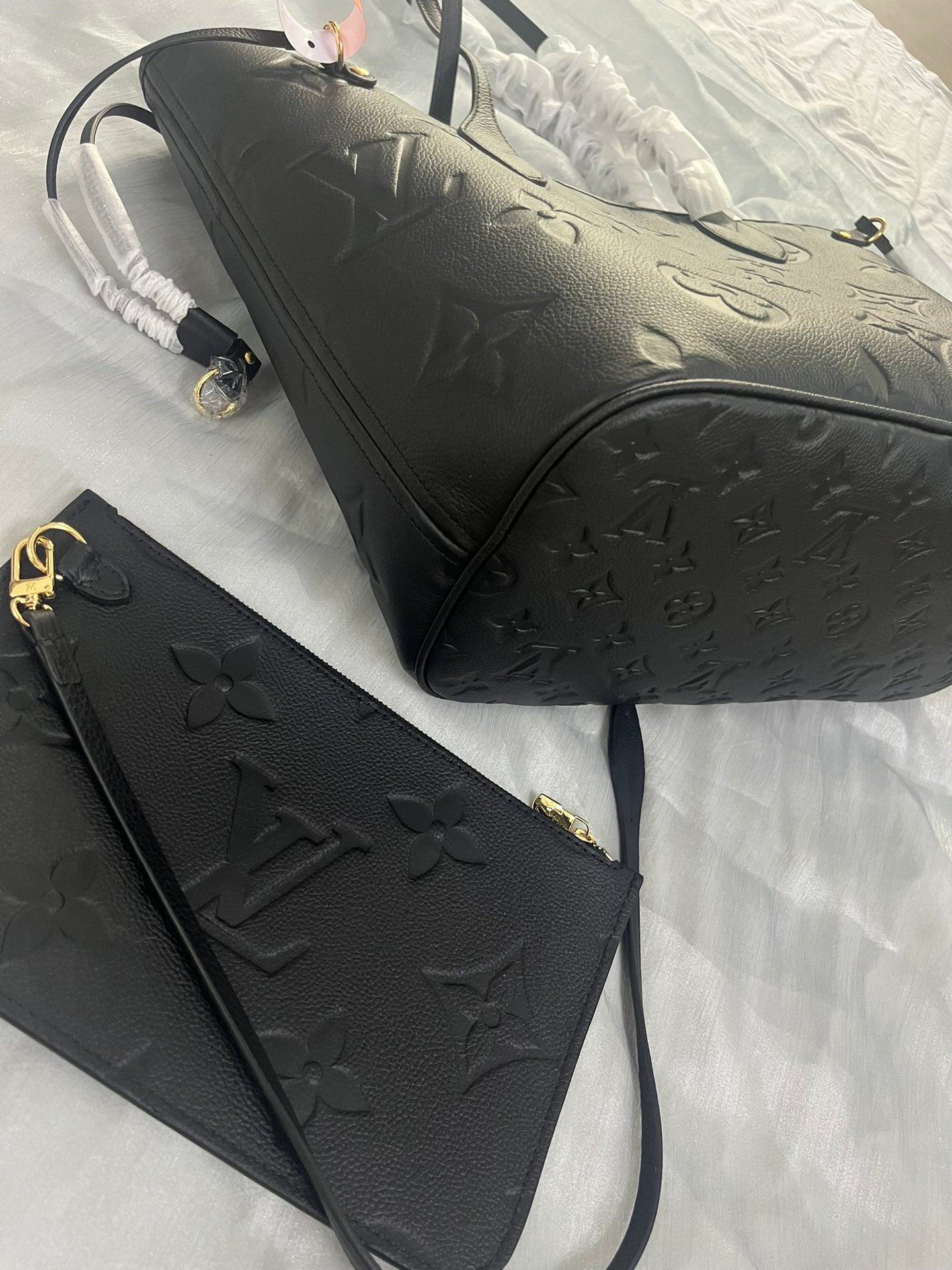 Louis Vuitton Black Embossed Leather Tote Bag with Matching Wristlet Pouch Set