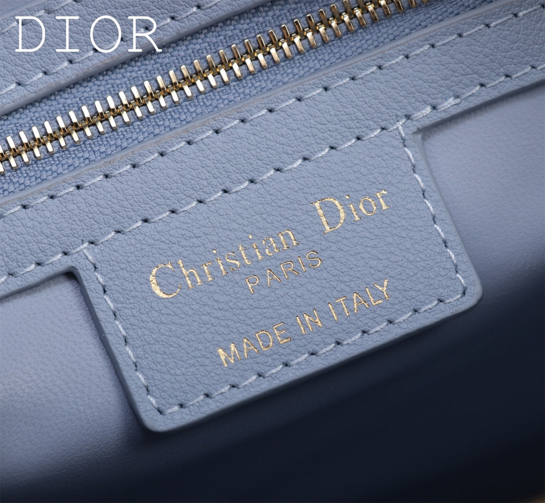 Dior Light Blue Quilted Leather Handbag with Top Handles and Shoulder Strap